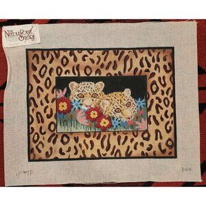 Leopard Cub Needlepoint Canvas With Floral Detail 10” X 14” Hand Painted By Need